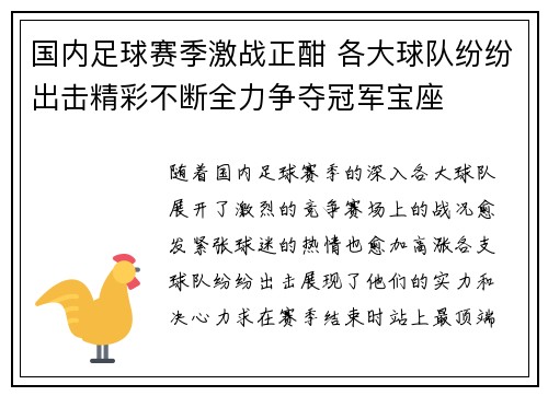 国内足球赛季激战正酣 各大球队纷纷出击精彩不断全力争夺冠军宝座