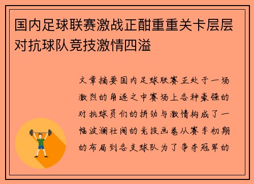 国内足球联赛激战正酣重重关卡层层对抗球队竞技激情四溢