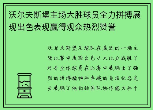 沃尔夫斯堡主场大胜球员全力拼搏展现出色表现赢得观众热烈赞誉