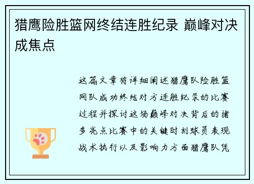 猎鹰险胜篮网终结连胜纪录 巅峰对决成焦点