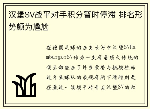 汉堡SV战平对手积分暂时停滞 排名形势颇为尴尬