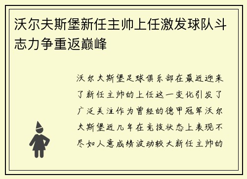 沃尔夫斯堡新任主帅上任激发球队斗志力争重返巅峰 沃尔夫斯堡新任主帅上任激发球队斗志力争重返巅峰